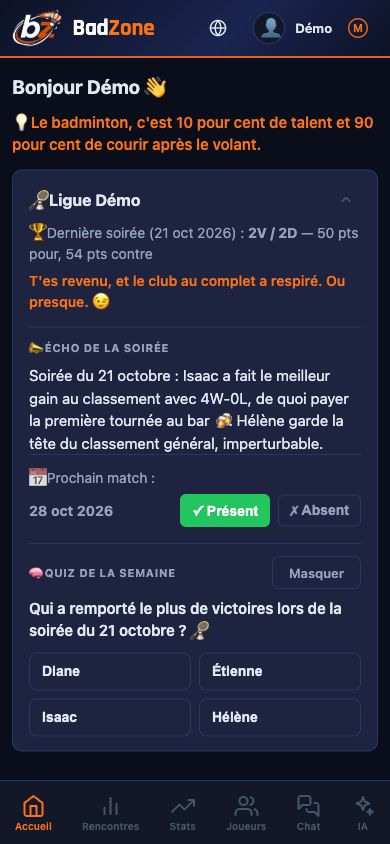 Accueil : écho de la soirée, prochain match et quiz de la semaine